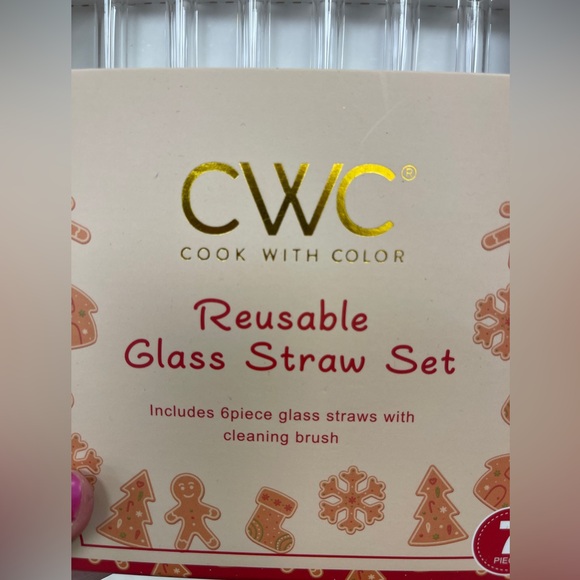 Pink Christmas Peppermint Reusable Glass Straw Set of 6 & Cleaning Brush NWT - Picture 3 of 4